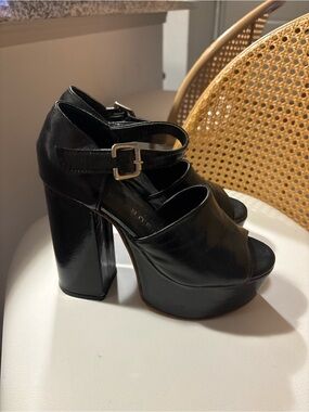 Black Leather Platform Peep-Toe Heels with Ankle Strap
